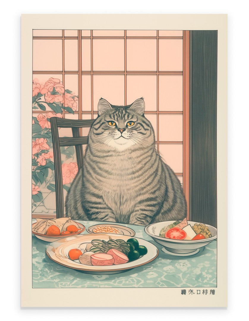 Framed art print of a tabby cat at a table with traditional Japanese food