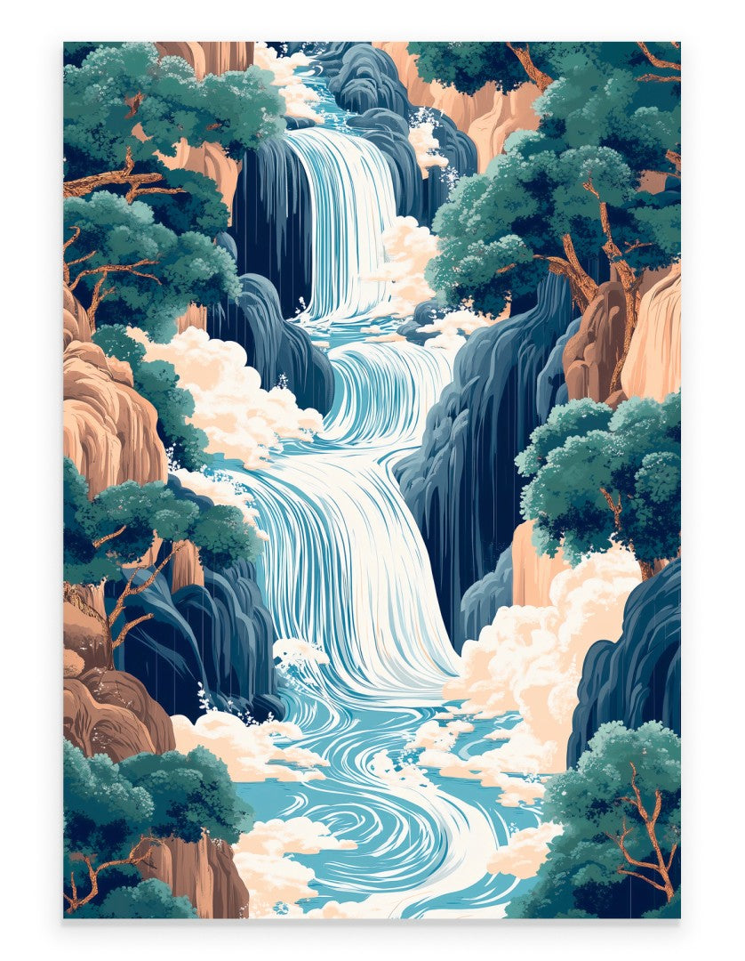 Waterfall art print with cascading water and rocky cliffs in modern style