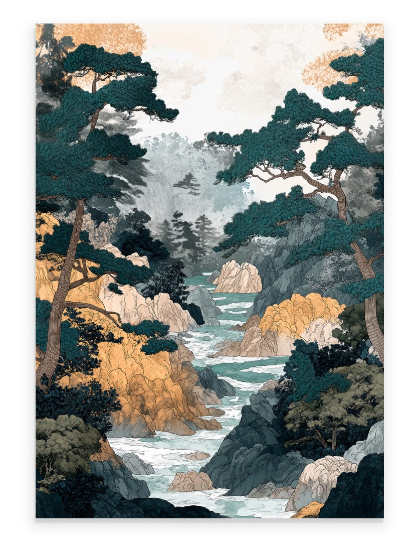 Forest river art print with flowing water, pine trees, and rocky cliffs