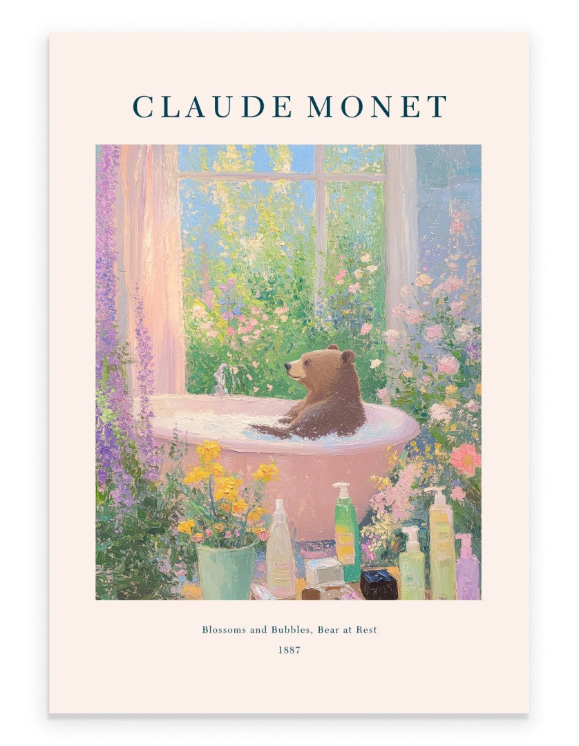 Monet inspired bear in bathtub impressionist bathroom art print