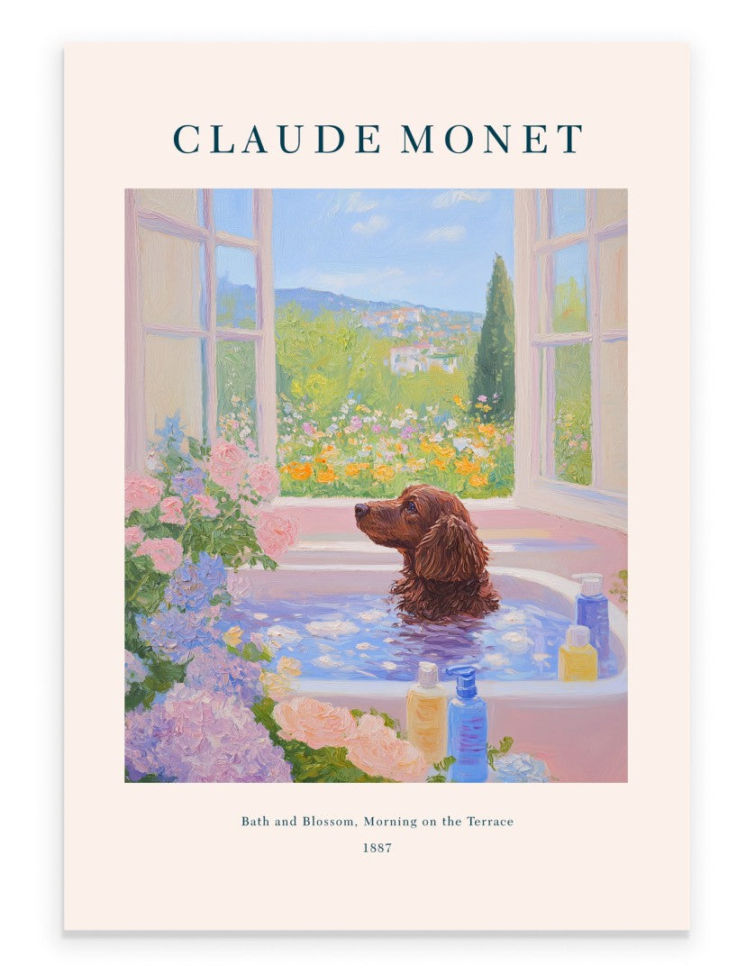 Cocker Spaniel in bathtub with terrace view, impressionist bathroom art print