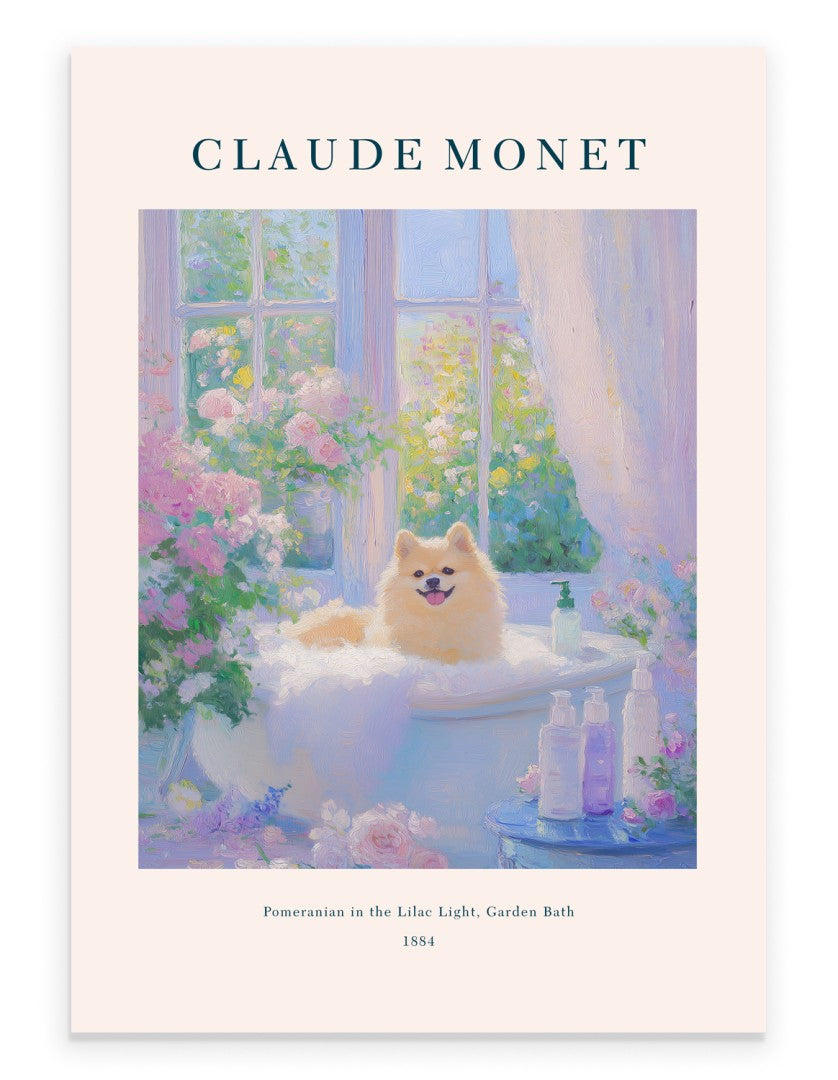 Pomeranian in floral bathtub, impressionist bathroom art print