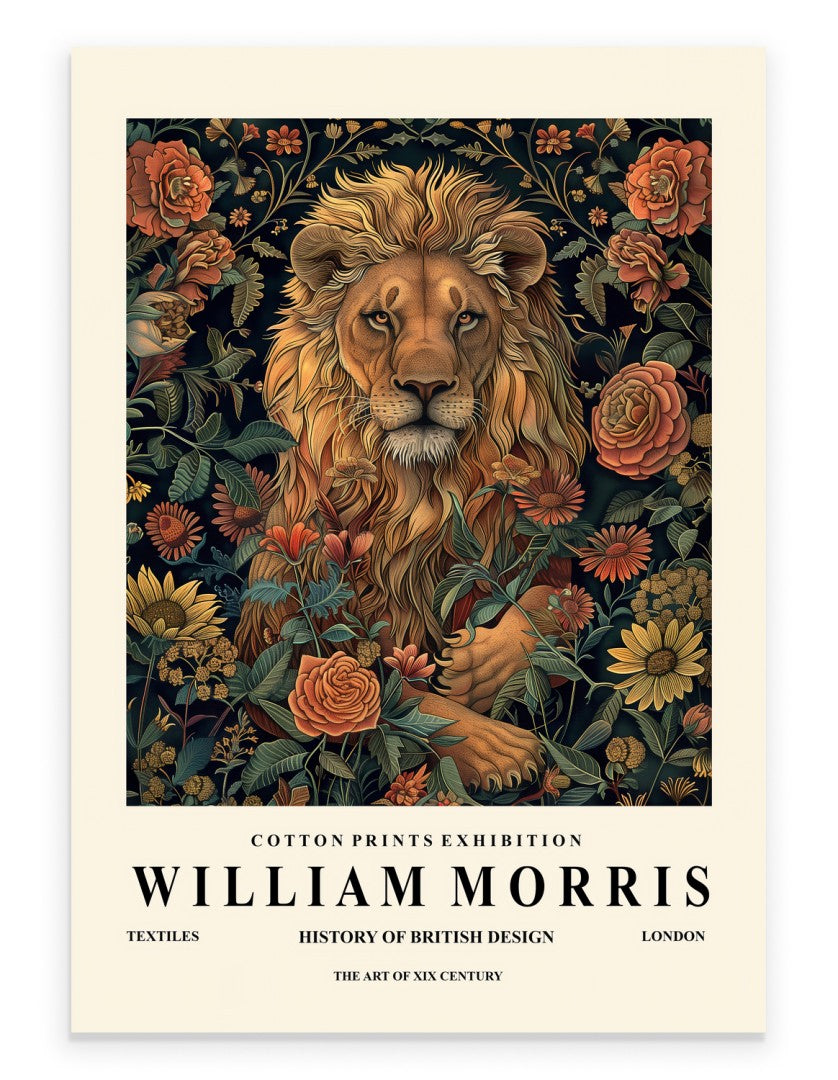 William Morris inspired lion art print with floral patterns