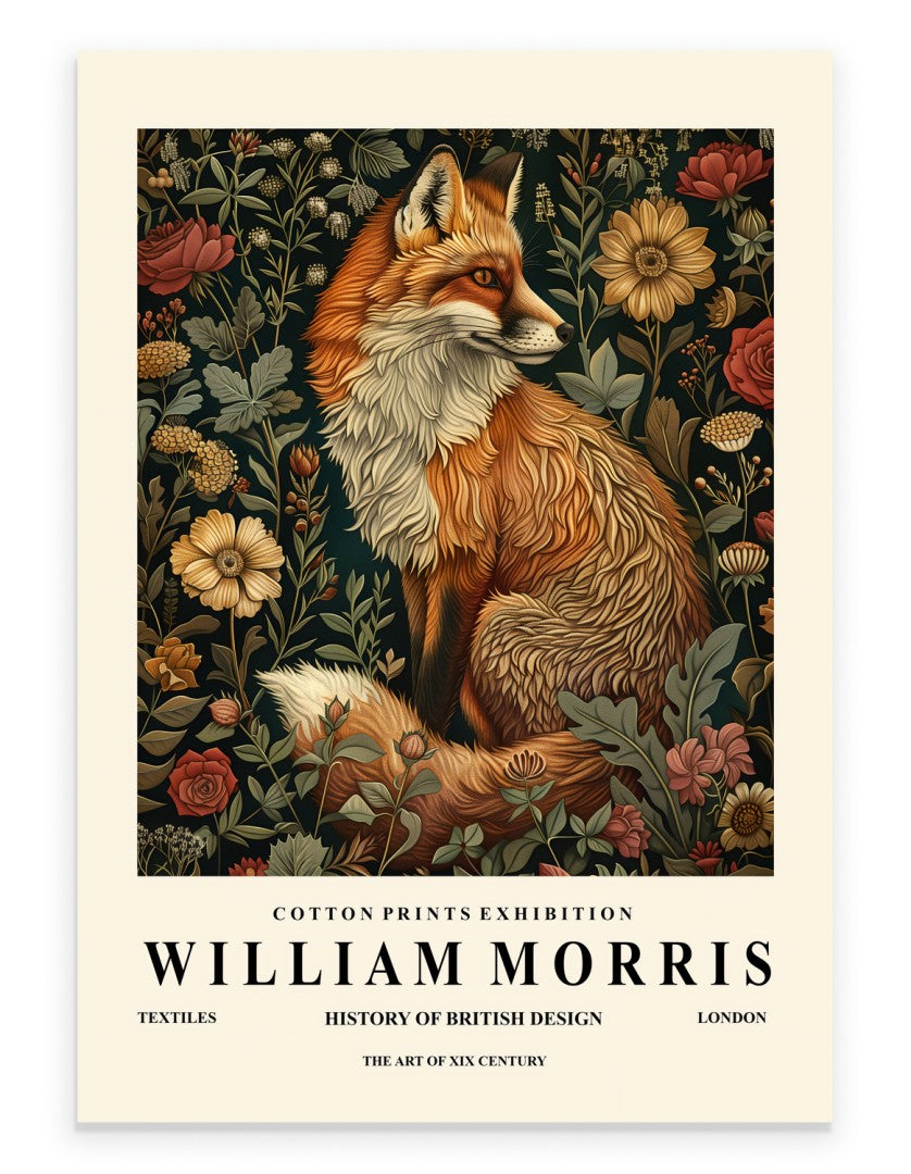 Fox art print with floral background inspired by William Morris