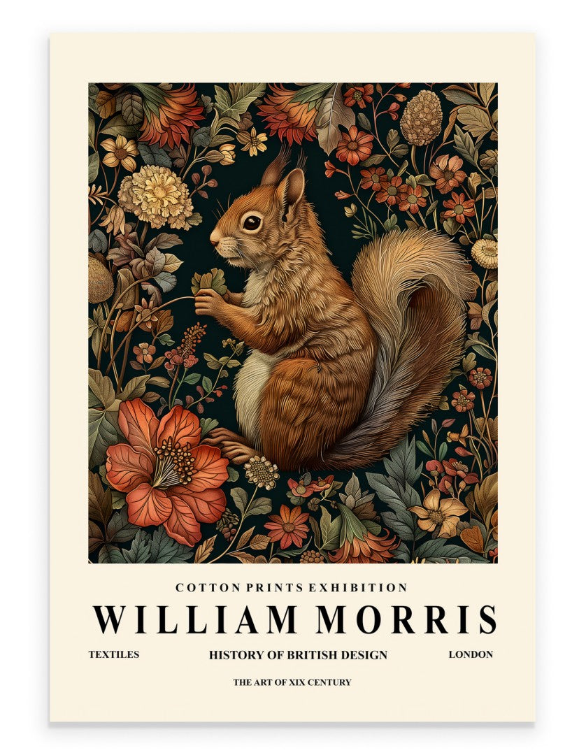 Squirrel art print with botanical background in William Morris inspired style
