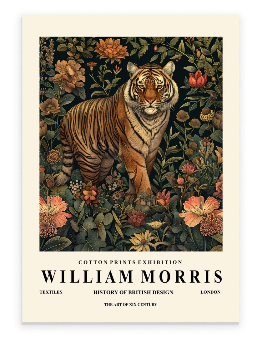 Tiger art print with botanical background in William Morris inspired style
