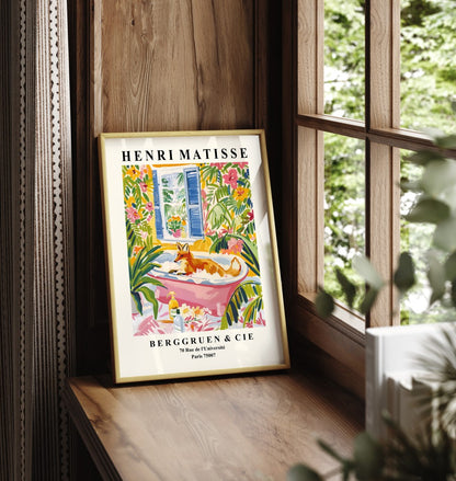 Framed Henri Matisse style fox print featuring a playful bubble bath scene in a lush tropical setting - decorative bathroom wall print