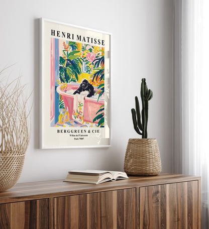 Framed colorful gorilla bath artwork in Henri Matisse inspired style with foliage, florals, and pastel tones - bathroom art print for wall decoration