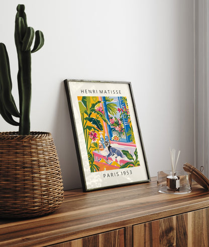 Framed bathroom wall art print featuring a relaxed lemur – Matisse-inspired