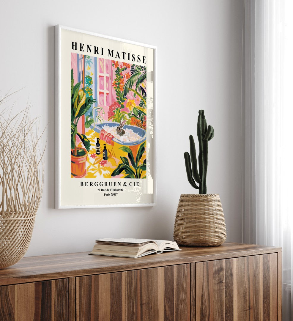 Matisse inspired framed tropical bathroom scene featuring a bathing rabbit.