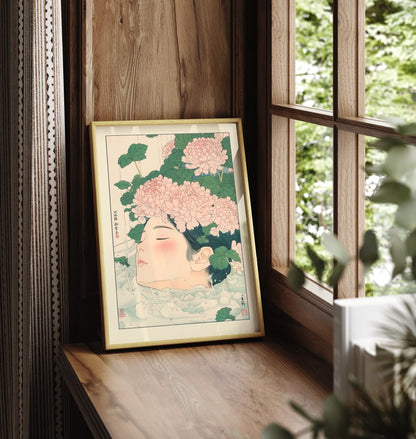 Framed bathroom print of a woman in a gentle flower-filled bath scene