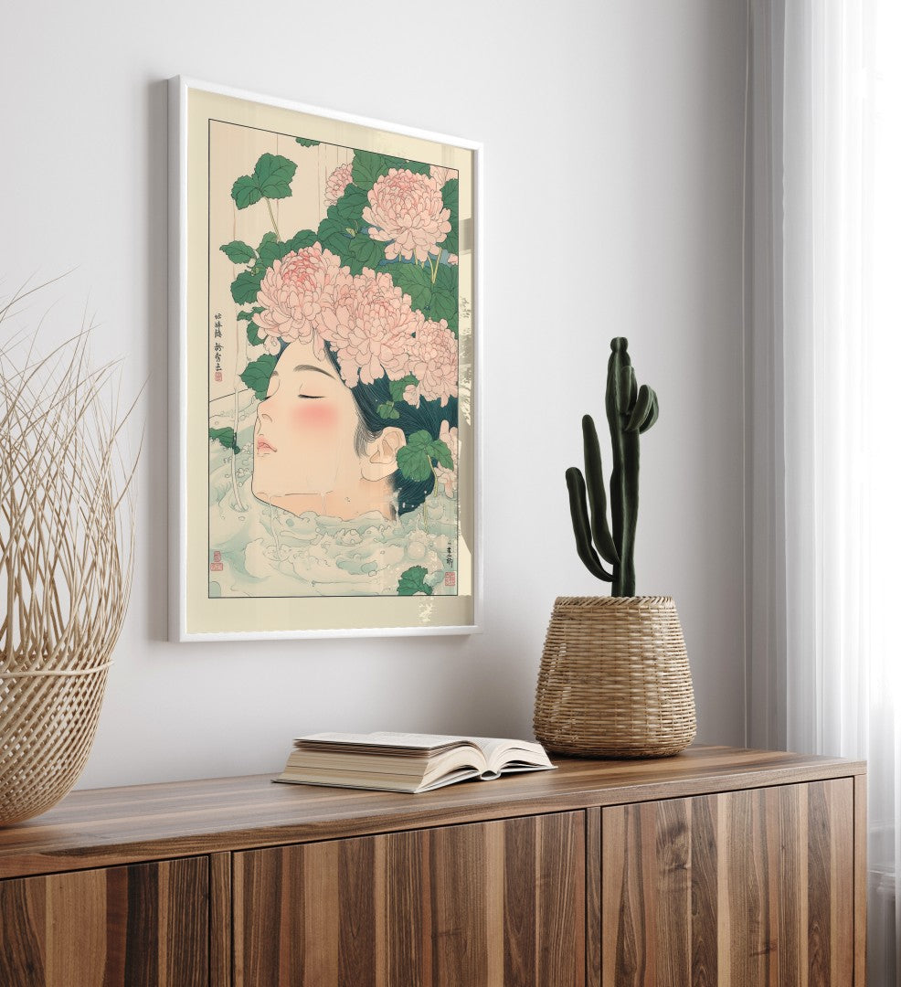 High-quality framed woman bathroom wall art with peaceful floral accents