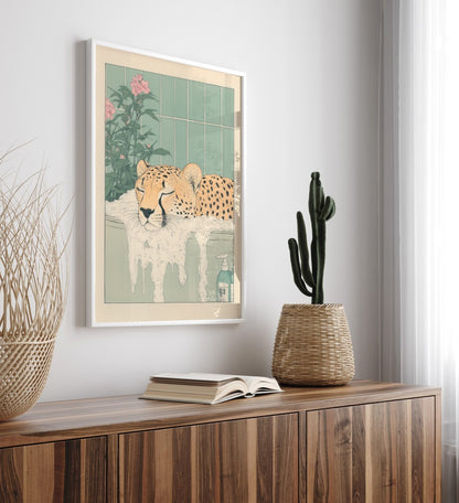 High-quality framed cheetah bathroom print with botanical background