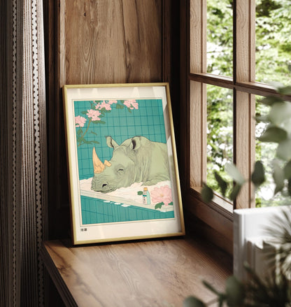 Framed bathroom print of a peaceful rhino in a bubble bath with botanical accents
