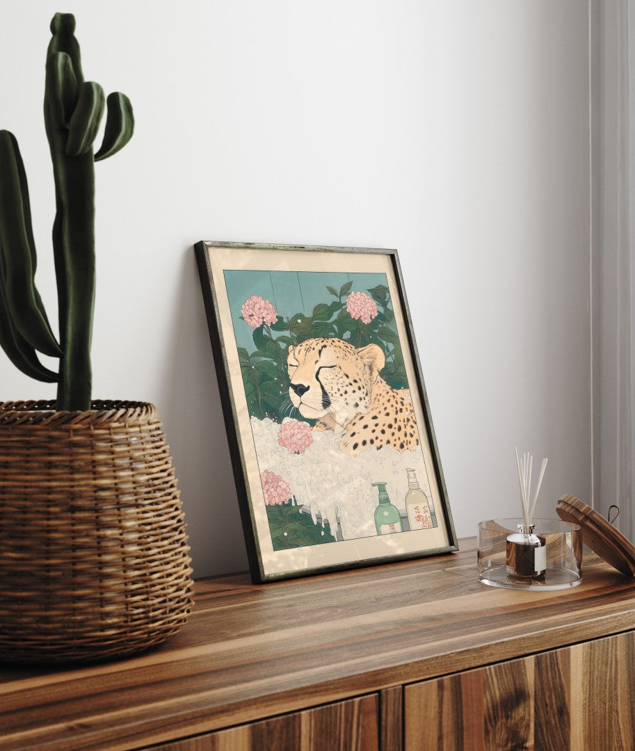 Cheetah garden bath with steam and flowers – Japanese-style art print