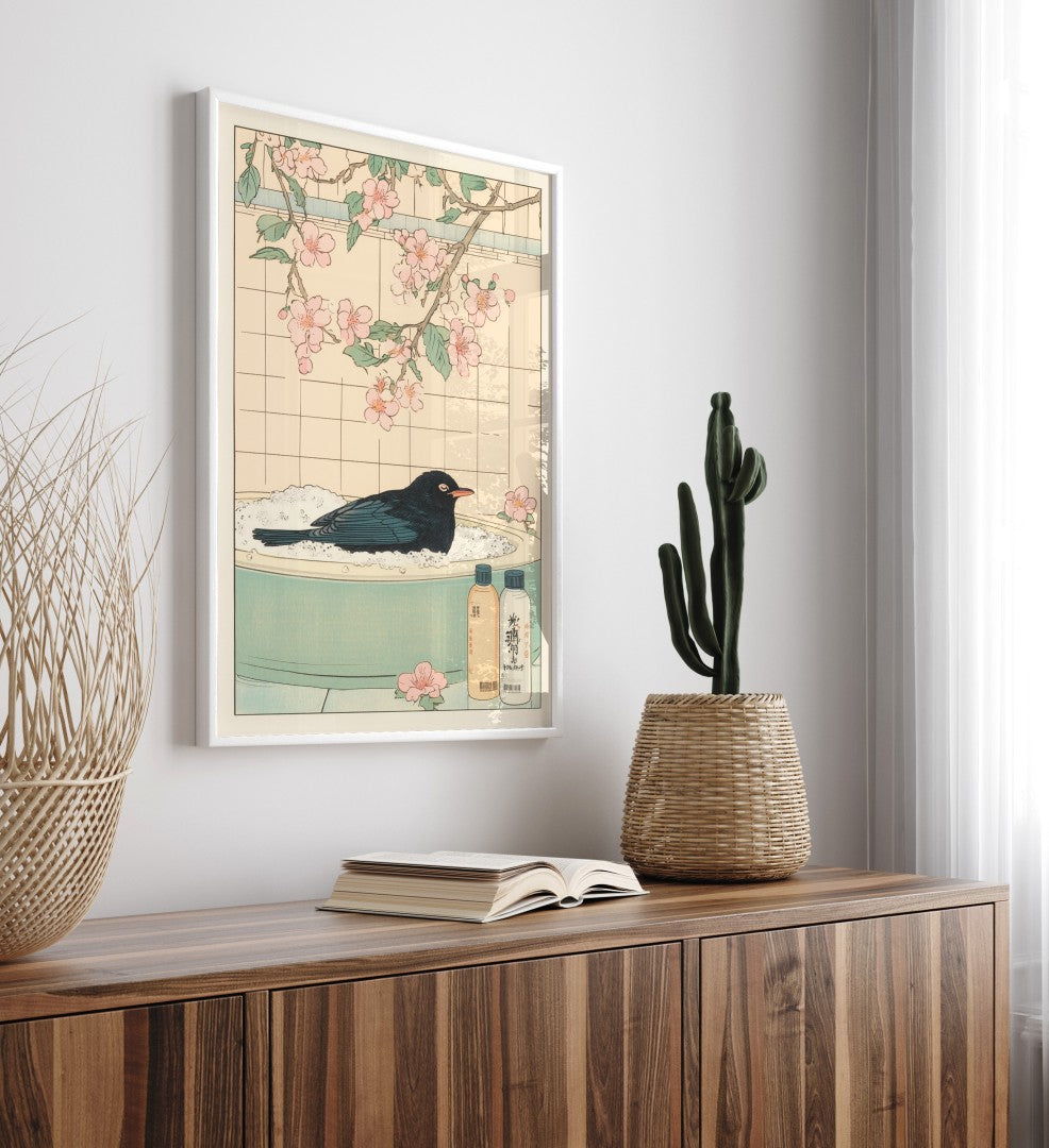 High-quality framed blackbird bathroom wall art with soft pink blossoms