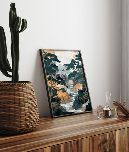 Nature inspired framed art print of forest river with pine trees and cliffs