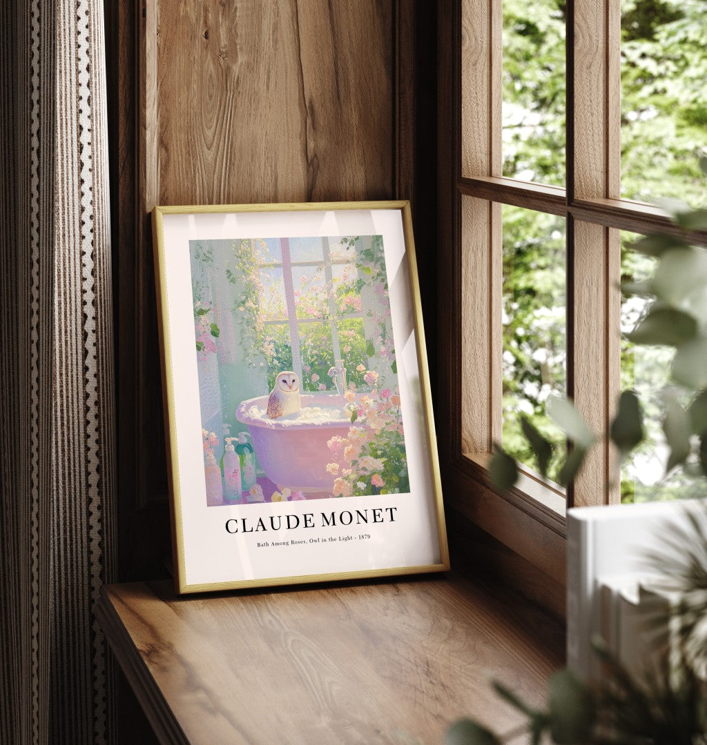 Framed barn owl bathroom wall art print inspired by Monet with floral scene