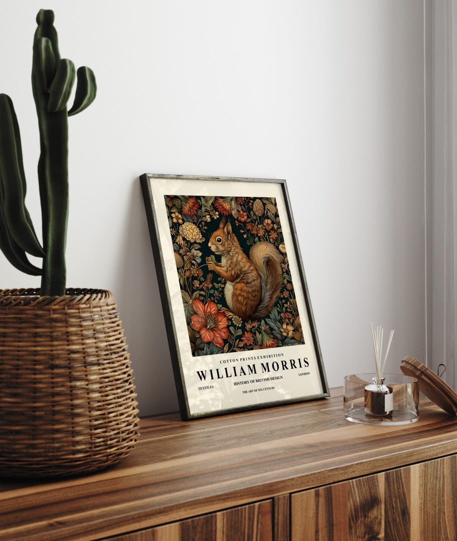 Detailed squirrel with ornate botanical background framed art print in William Morris style